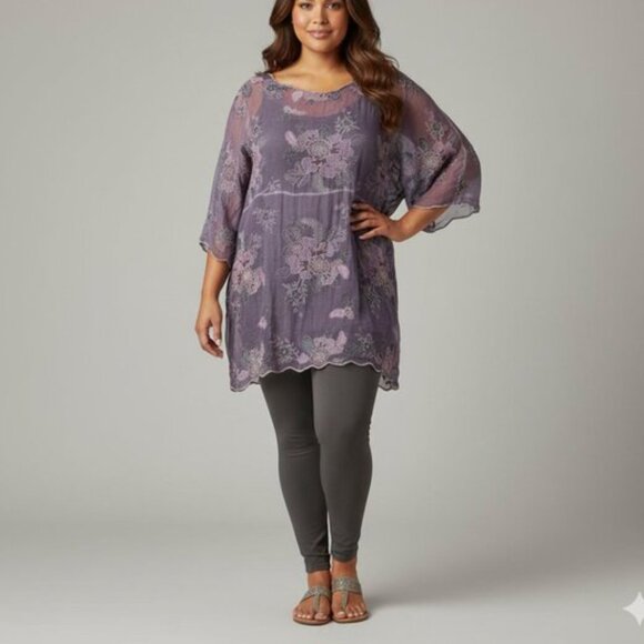 SOFT SURROUNDINGS Antonia Metallic Floral Embroidered Silk Tunic Top - Picture 2 of 12